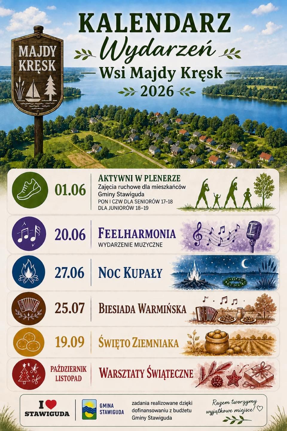 Plakat des Veranstaltungskalenders 2026 für das Dorf Majdy Kręsk
