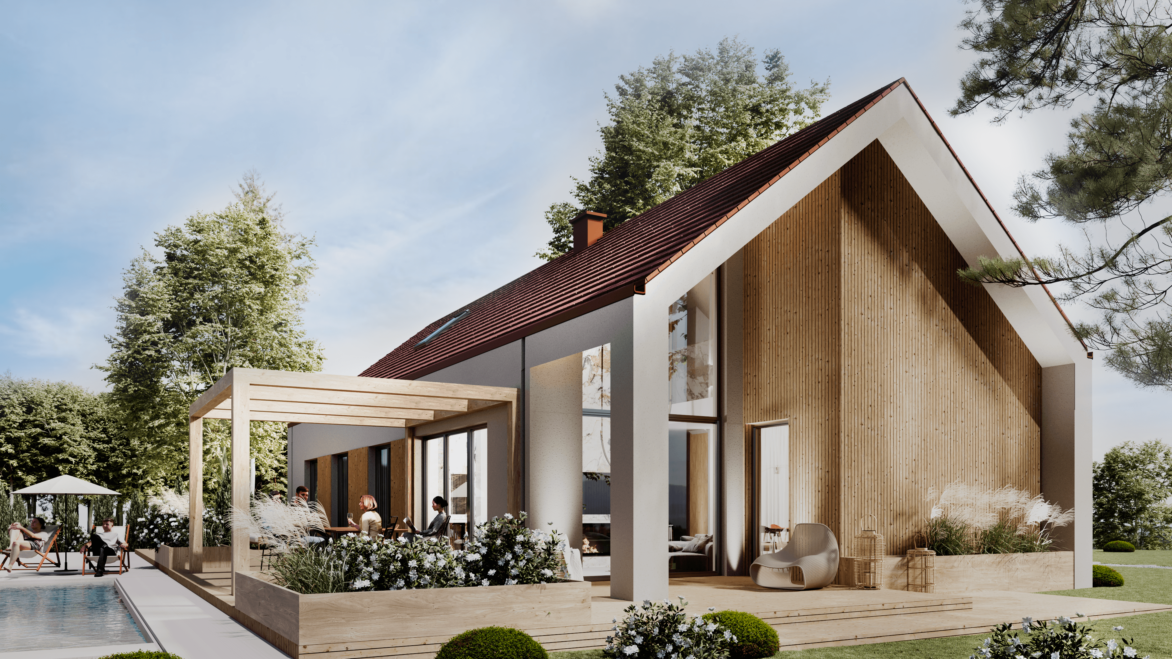 Visualisierung — Garten und Pool in der Abenddämmerung